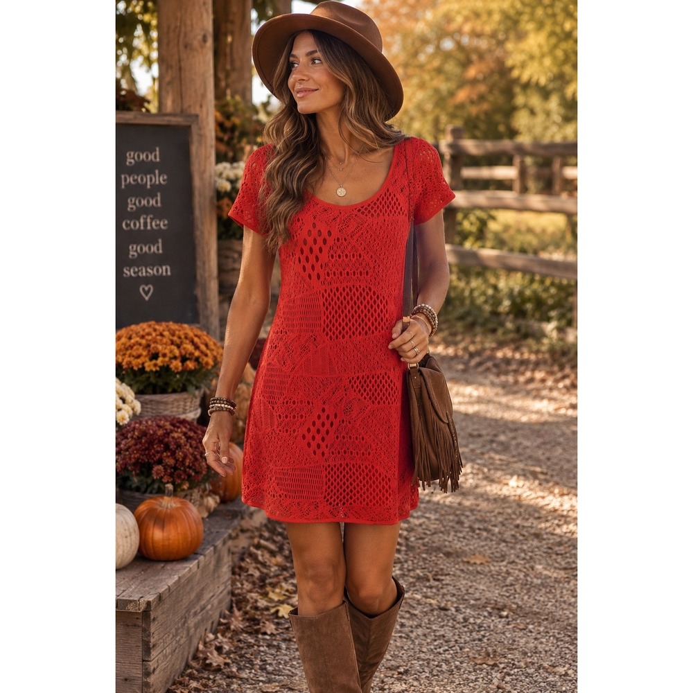 Ecote Womens Red Orange Crochet Lace Dress Size Large Boho Festival Indie Lined